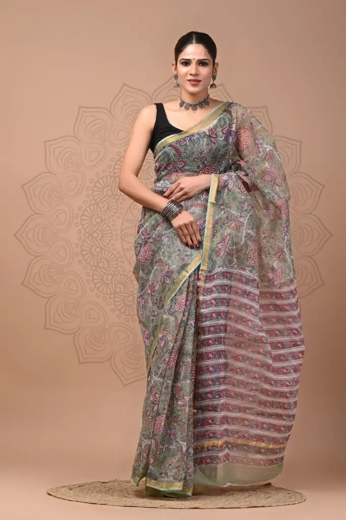 Premium Handcrafted Kota Doriya Saree – Hand Block Printed (Dabu, Bagru, Jahota) with Blouse Piece