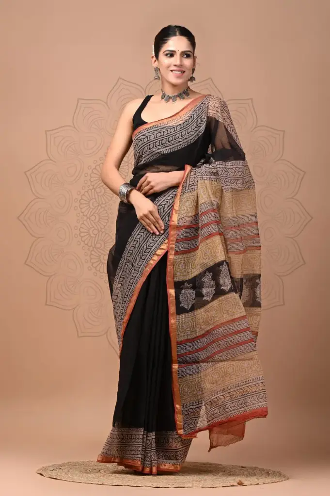 Premium Handcrafted Kota Doriya Saree – Hand Block Printed (Dabu, Bagru, Jahota) with Blouse Piece