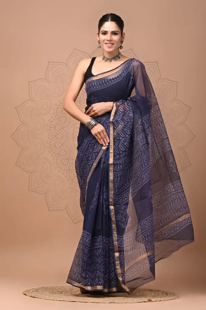 Premium Handcrafted Kota Doriya Saree – Hand Block Printed (Dabu, Bagru, Jahota) with Blouse Piece