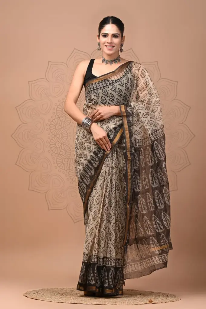 Premium Handcrafted Kota Doriya Saree – Hand Block Printed (Dabu, Bagru, Jahota) with Blouse Piece