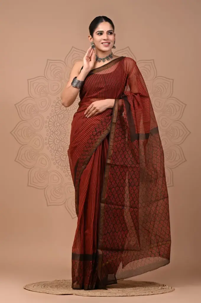 Premium Handcrafted Kota Doriya Saree – Hand Block Printed (Dabu, Bagru, Jahota) with Blouse Piece
