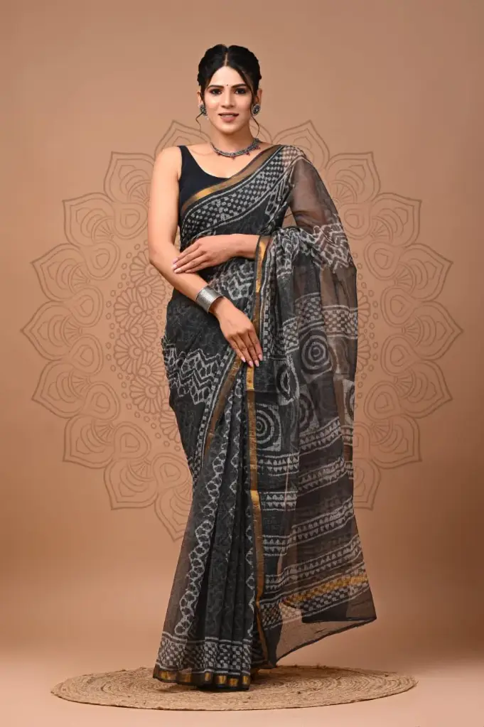 Premium Handcrafted Kota Doriya Saree – Hand Block Printed (Dabu, Bagru, Jahota) with Blouse Piece