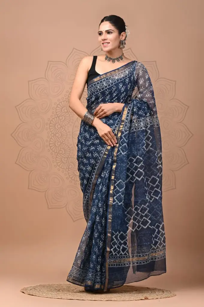 Premium Handcrafted Kota Doriya Saree – Hand Block Printed (Dabu, Bagru, Jahota) with Blouse Piece