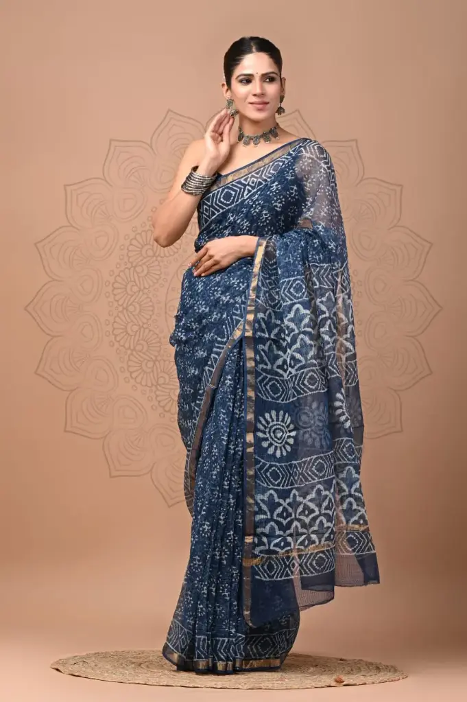 Premium Handcrafted Kota Doriya Saree – Hand Block Printed (Dabu, Bagru, Jahota) with Blouse Piece
