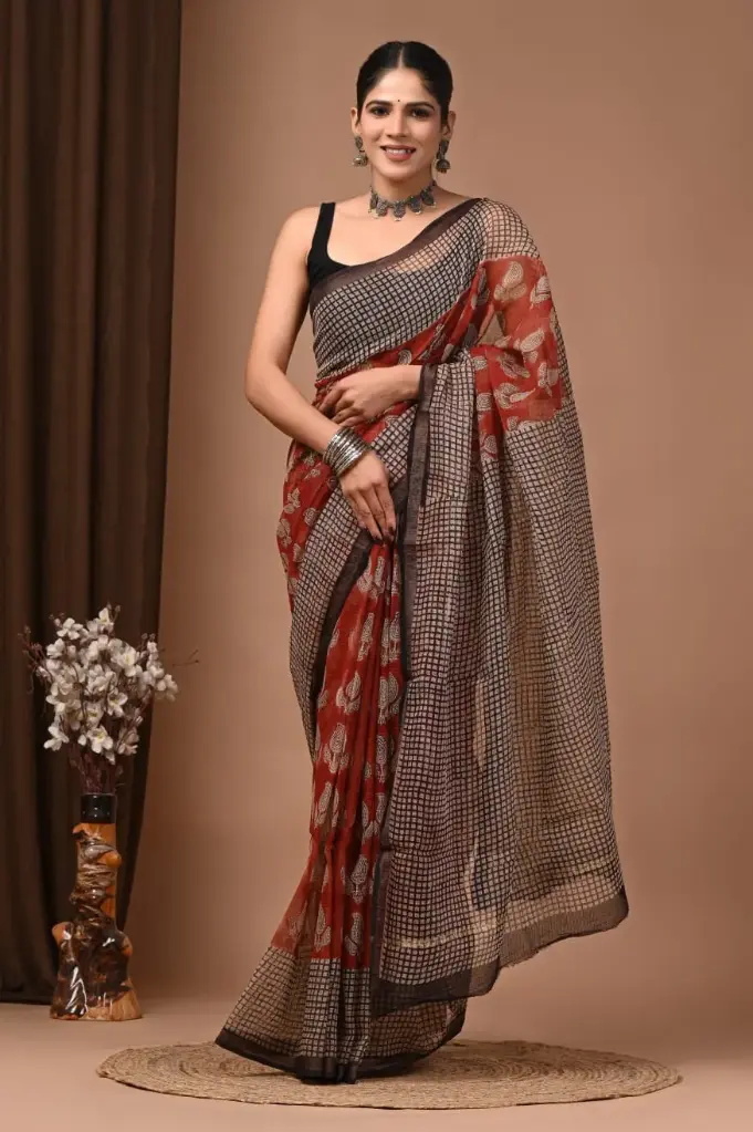Premium Handcrafted Kota Doriya Saree – Hand Block Printed (Dabu, Bagru, Jahota) with Blouse Piece