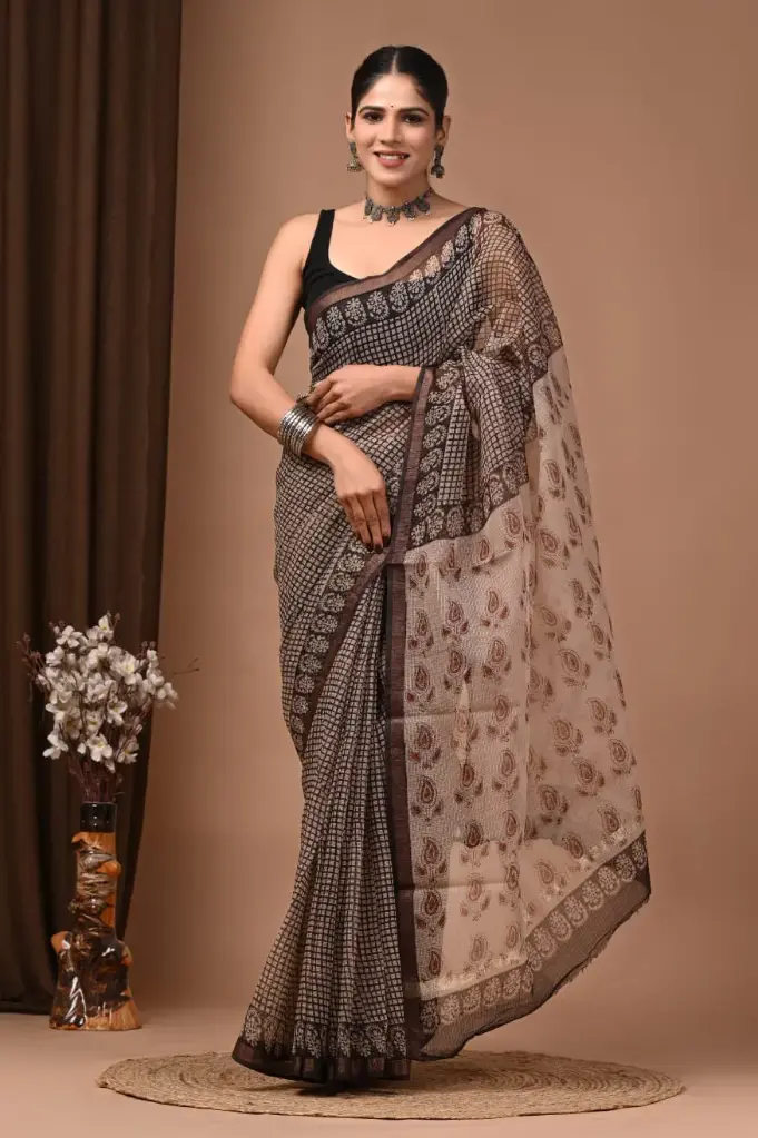 Premium Handcrafted Kota Doriya Saree – Hand Block Printed (Dabu, Bagru, Jahota) with Blouse Piece