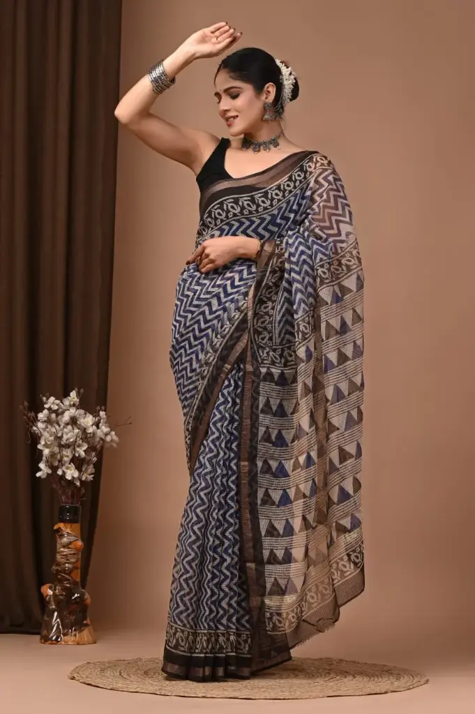 Premium Handcrafted Kota Doriya Saree – Hand Block Printed (Dabu, Bagru, Jahota) with Blouse Piece