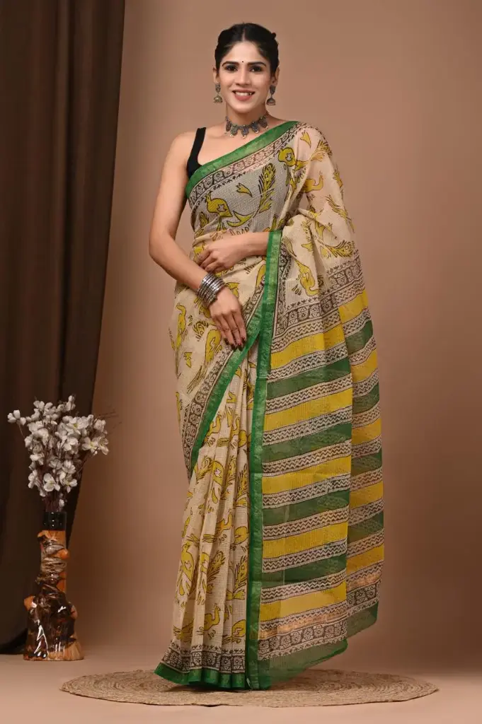Premium Handcrafted Kota Doriya Saree – Hand Block Printed (Dabu, Bagru, Jahota) with Blouse Piece