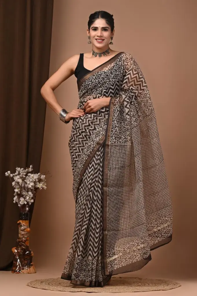 Premium Handcrafted Kota Doriya Saree – Hand Block Printed (Dabu, Bagru, Jahota) with Blouse Piece