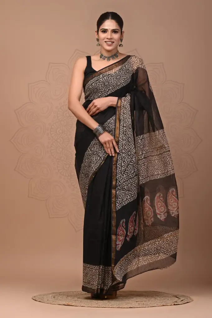 Premium Handcrafted Kota Doriya Saree – Hand Block Printed (Dabu, Bagru, Jahota) with Blouse Piece