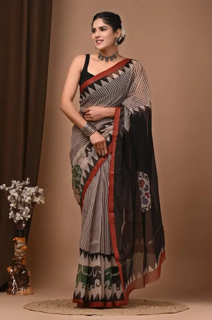 Premium Handcrafted Kota Doriya Saree – Hand Block Printed (Dabu, Bagru, Jahota) with Blouse Piece