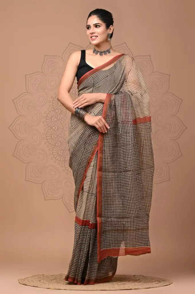 Premium Handcrafted Kota Doriya Saree – Hand Block Printed (Dabu, Bagru, Jahota) with Blouse Piece