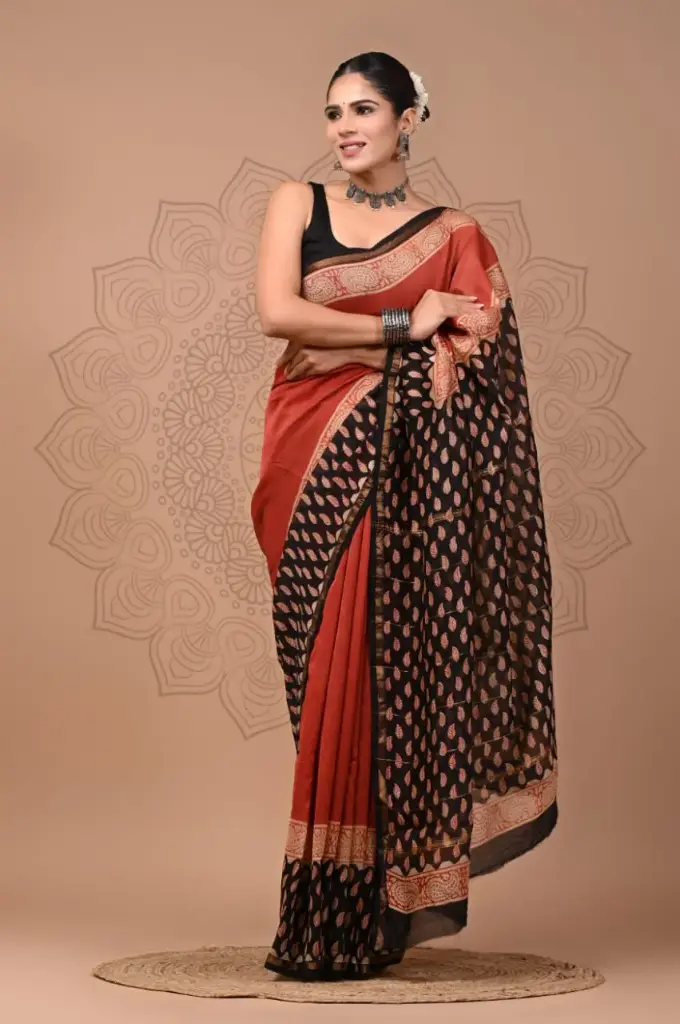 Chanderi Silk Saree – Hand Block Printed with Natural Dyes | Traditional Art Collection