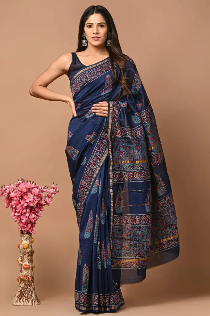 Chanderi Silk Saree – Hand Block Printed with Natural Dyes | Traditional Art Collection