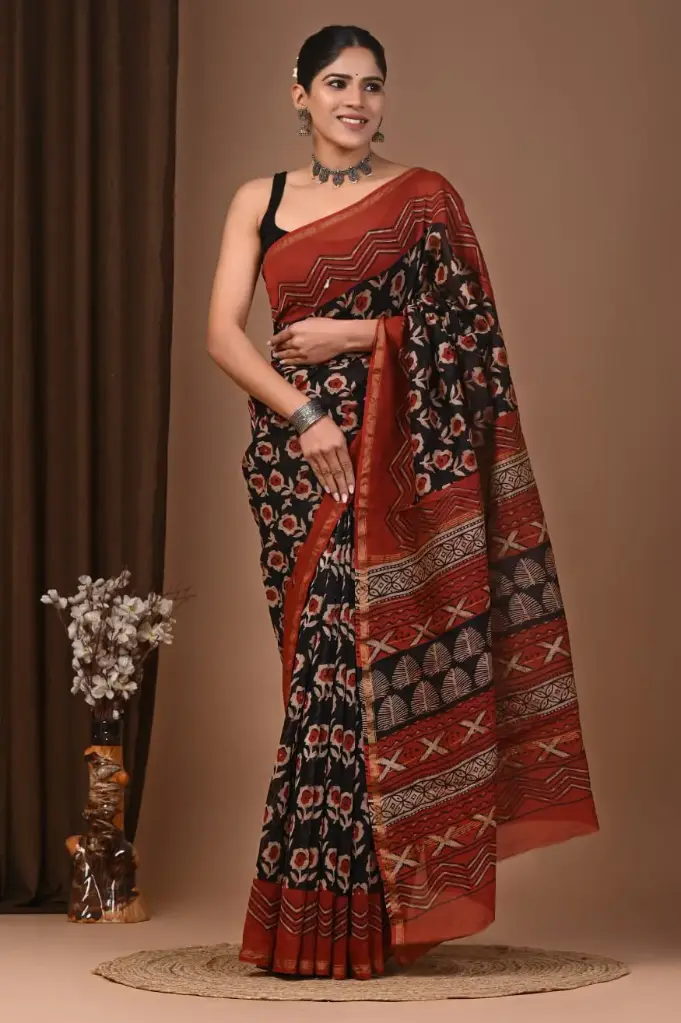Chanderi Silk Saree – Hand Block Printed with Natural Dyes | Traditional Art Collection