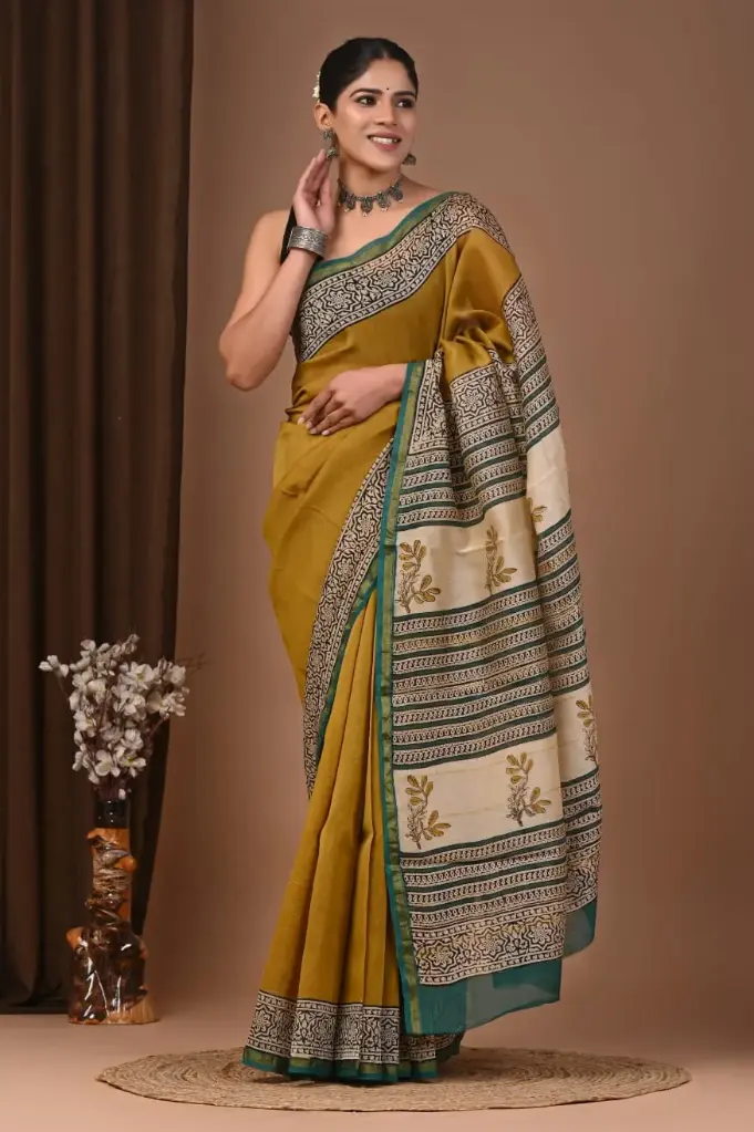 Chanderi Silk Saree – Hand Block Printed with Natural Dyes | Traditional Art Collection