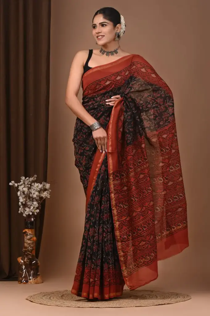 Chanderi Silk Saree – Hand Block Printed with Natural Dyes | Traditional Art Collection