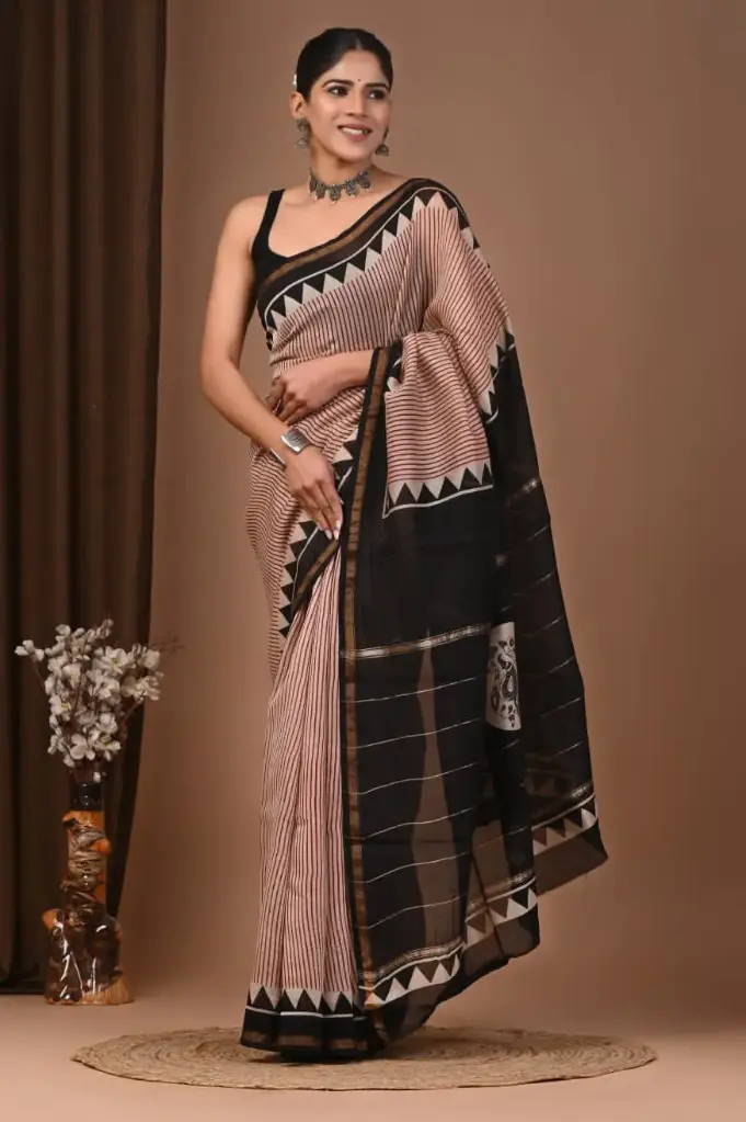 Chanderi Silk Saree – Hand Block Printed with Natural Dyes | Traditional Art Collection