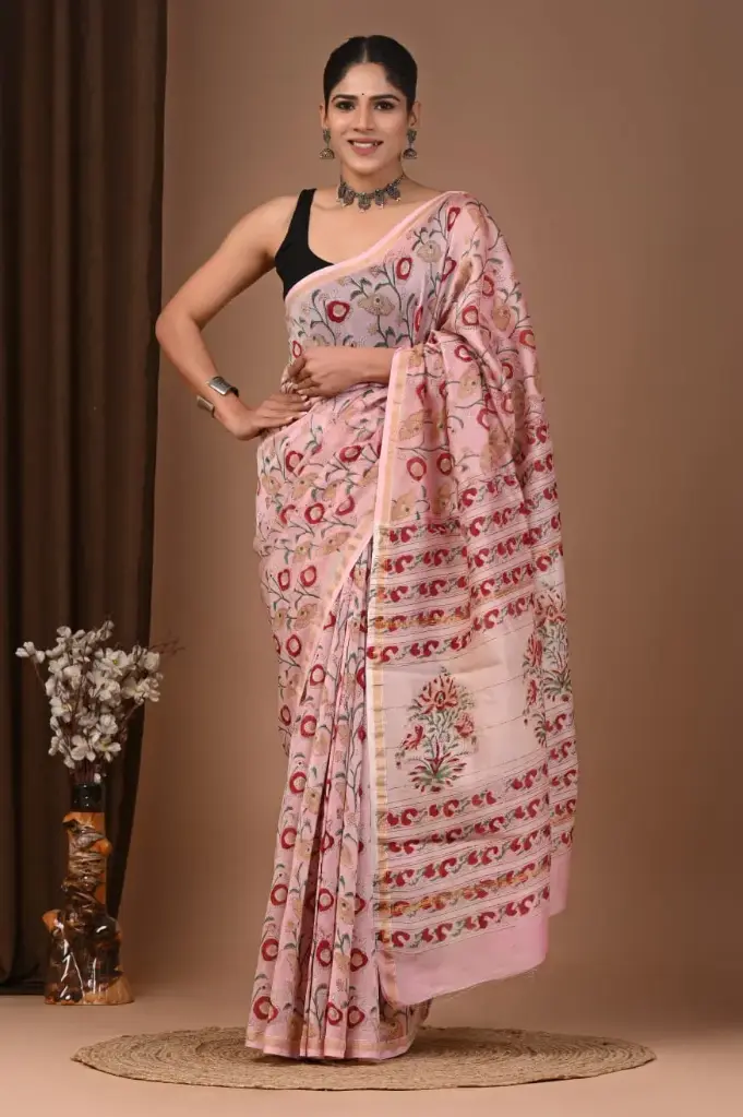 Chanderi Silk Saree – Hand Block Printed with Natural Dyes | Traditional Art Collection