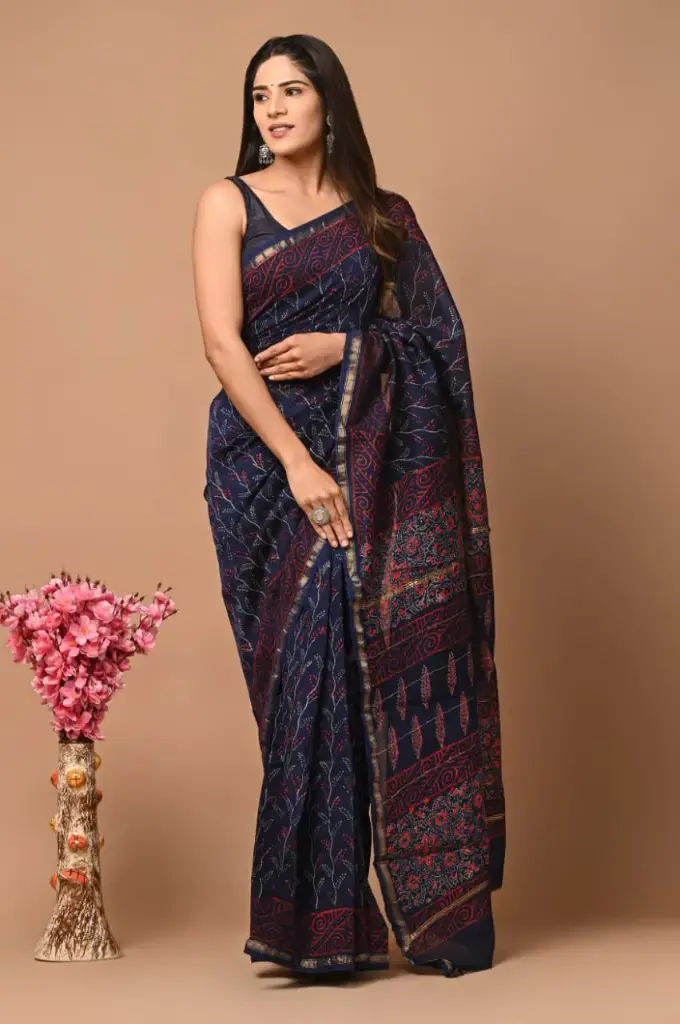 Chanderi Silk Saree – Hand Block Printed with Natural Dyes | Traditional Art Collection