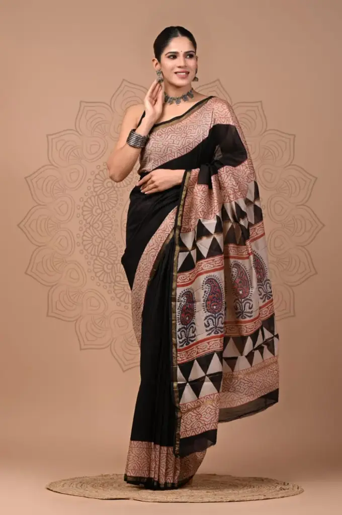 Chanderi Silk Saree – Hand Block Printed with Natural Dyes | Traditional Art Collection