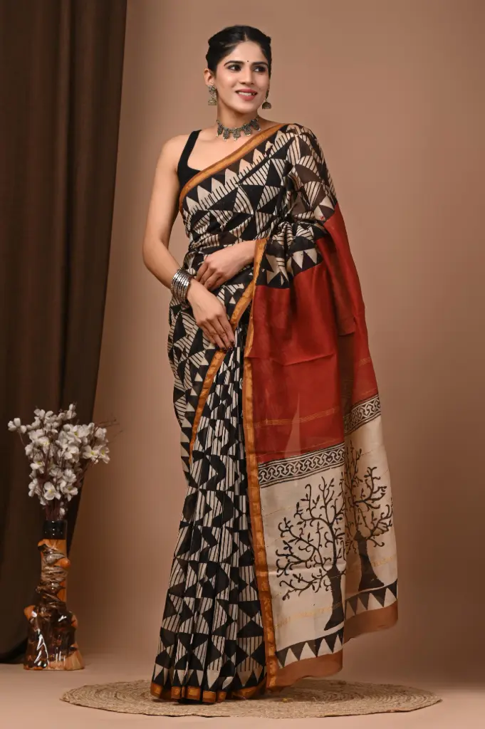 Chanderi Silk Saree – Hand Block Printed with Natural Dyes | Traditional Art Collection