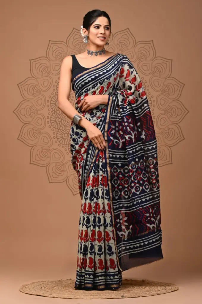 Chanderi Silk Saree – Hand Block Printed with Natural Dyes | Traditional Art Collection