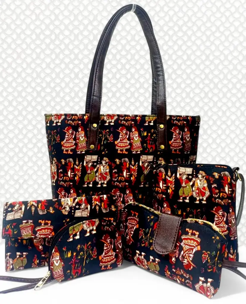 Bagru Printed 5-in-1 Combo Set | Handbag, Sling, Goggle Case, Envelope & Coin Pouch | Leather/Rexine Finish