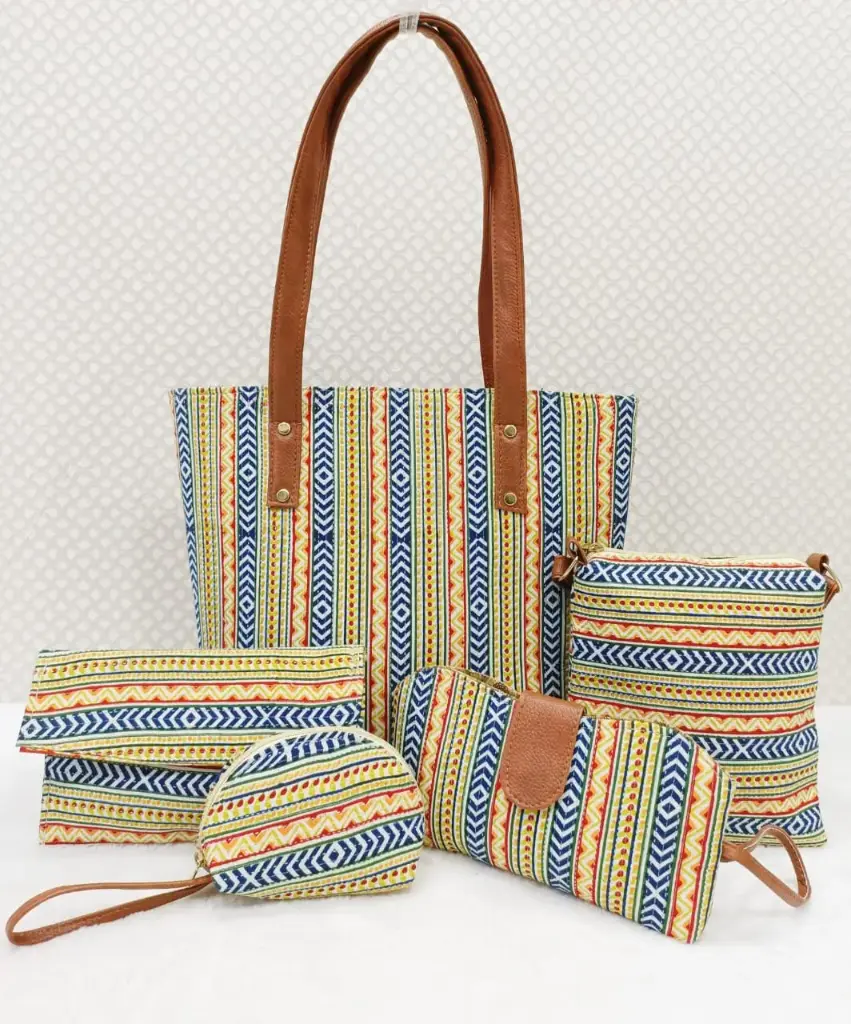 Bagru Printed 5-in-1 Combo Set | Handbag, Sling, Goggle Case, Envelope & Coin Pouch | Leather/Rexine Finish