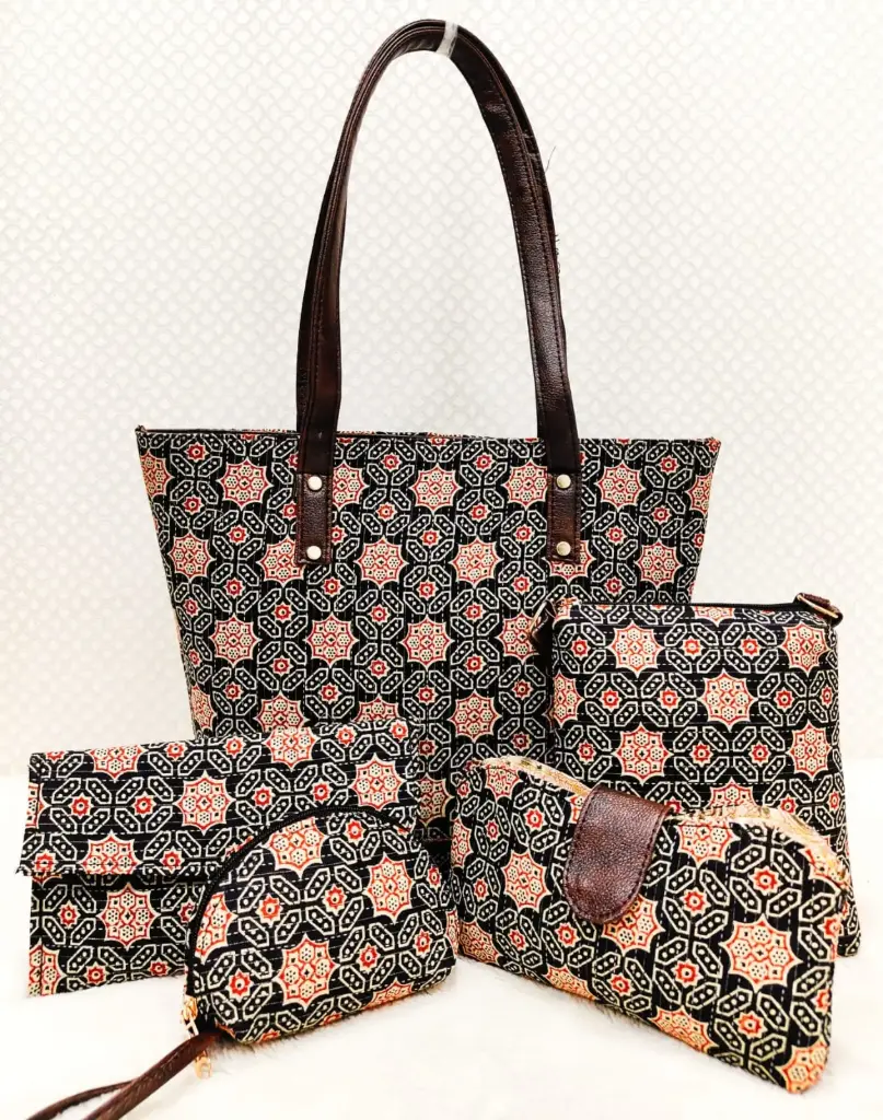 Bagru Printed 5-in-1 Combo Set | Handbag, Sling, Goggle Case, Envelope & Coin Pouch | Leather/Rexine Finish