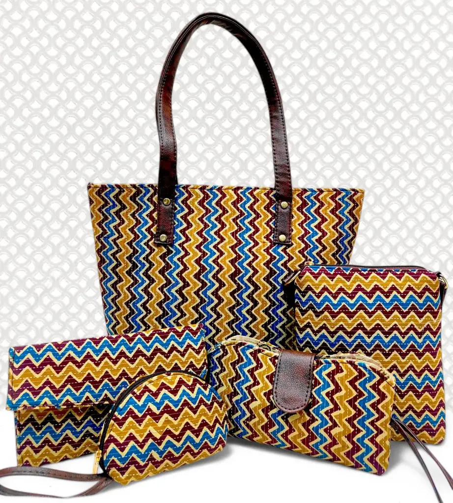 Bagru Printed 5-in-1 Combo Set | Handbag, Sling, Goggle Case, Envelope & Coin Pouch | Leather/Rexine Finish