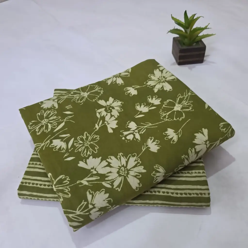 Hand Block Print Cotton Suit Fabric Combo (5m, 2 Pc Set)