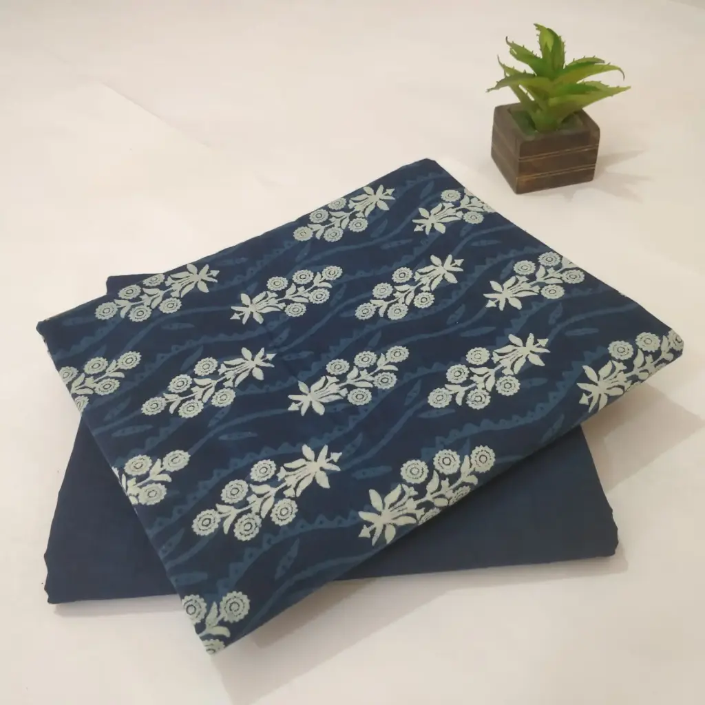 Hand Block Print Cotton Suit Fabric Combo (5m, 2 Pc Set)