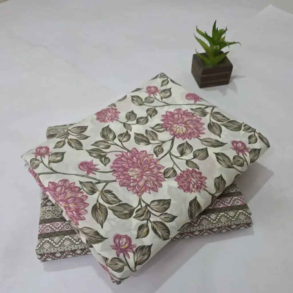 Hand Block Print Cotton Suit Fabric Combo (5m, 2 Pc Set)