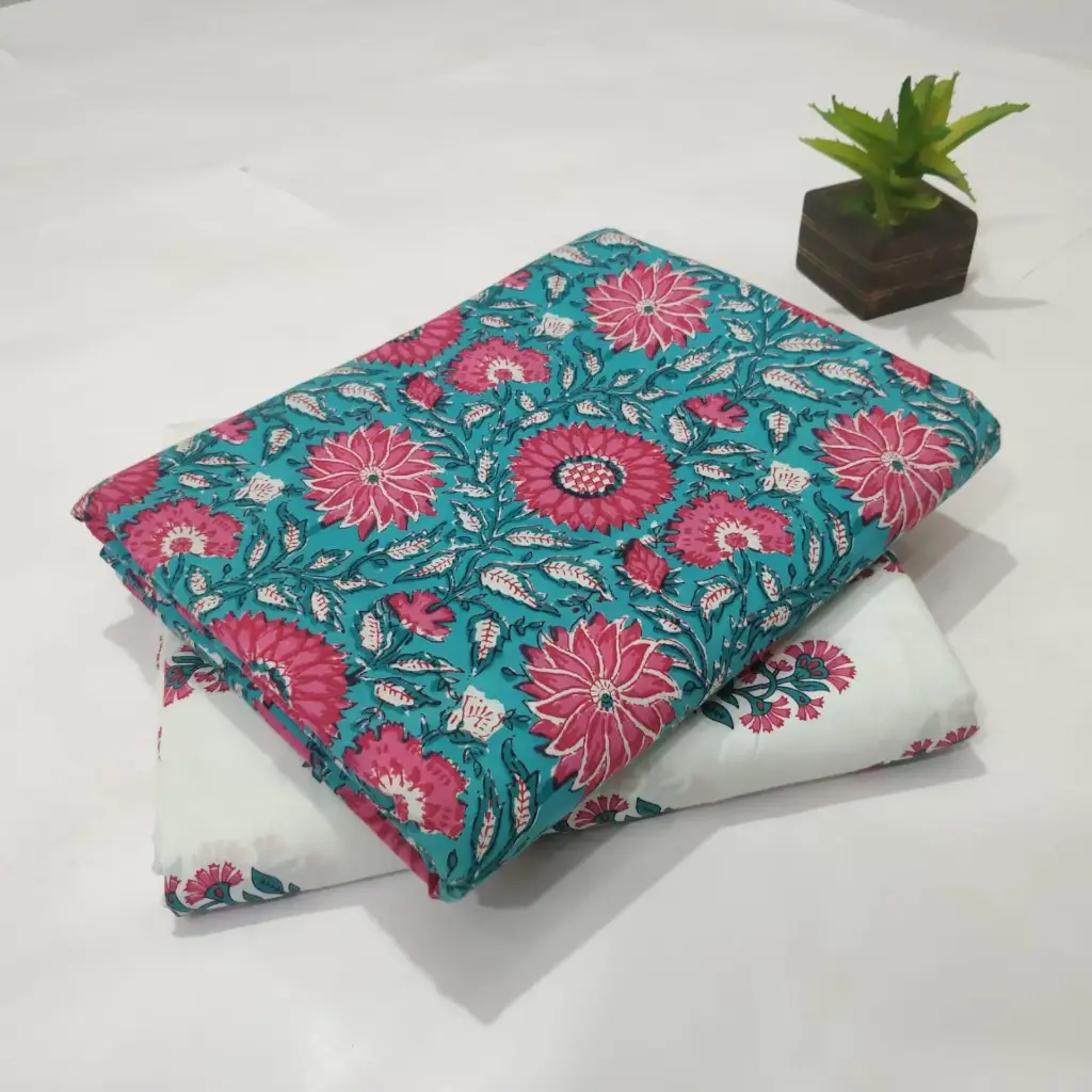 Hand Block Print Cotton Suit Fabric Combo (5m, 2 Pc Set)
