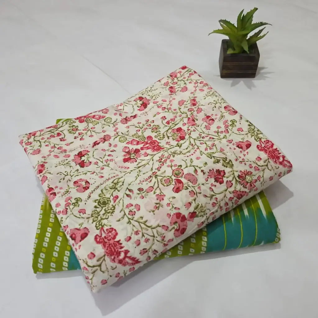 Hand Block Print Cotton Suit Fabric Combo (5m, 2 Pc Set)