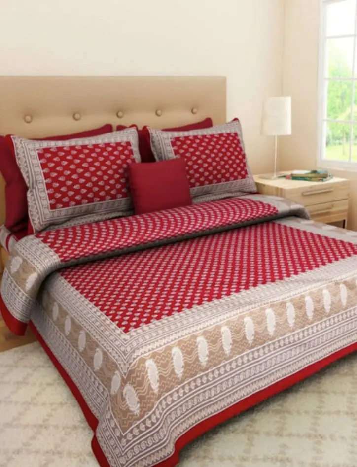 Premium Cotton Block Printed Double Bed Bedsheet Set | 100% Pure Cotton | 90×100 Inches with 2 Pillow Covers | Soft & Lightweight 