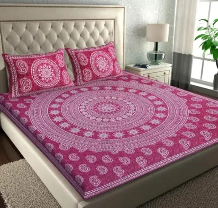 Premium Cotton Block Printed Double Bed Bedsheet Set | 100% Pure Cotton | 90×100 Inches with 2 Pillow Covers | Soft & Lightweight