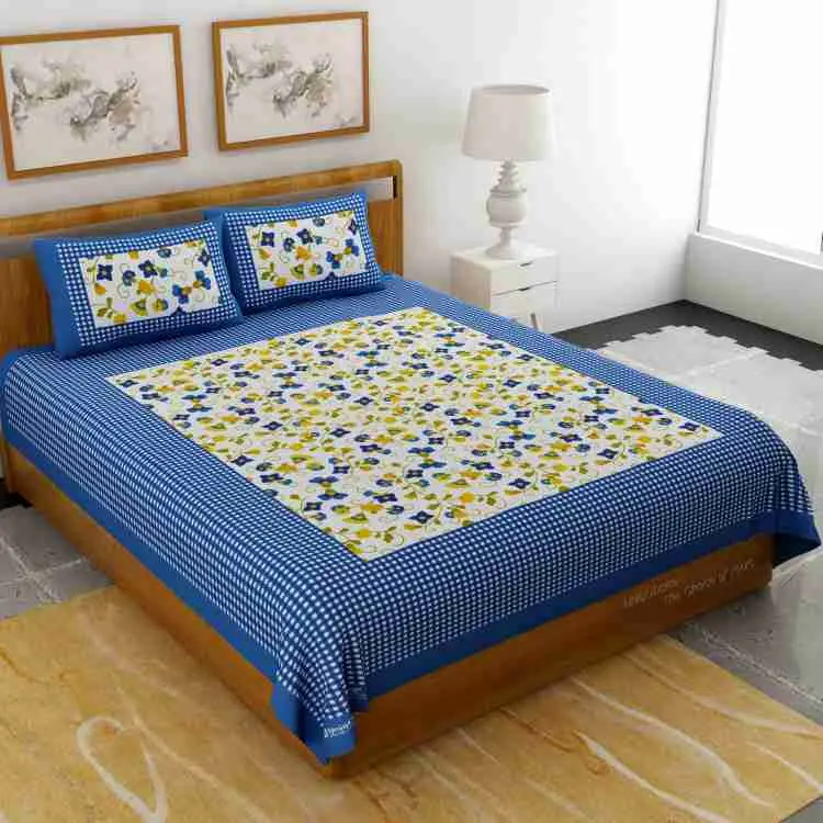 Premium Cotton Block Printed Double Bed Bedsheet Set | 100% Pure Cotton | 90×100 Inches with 2 Pillow Covers | Soft & Lightweight