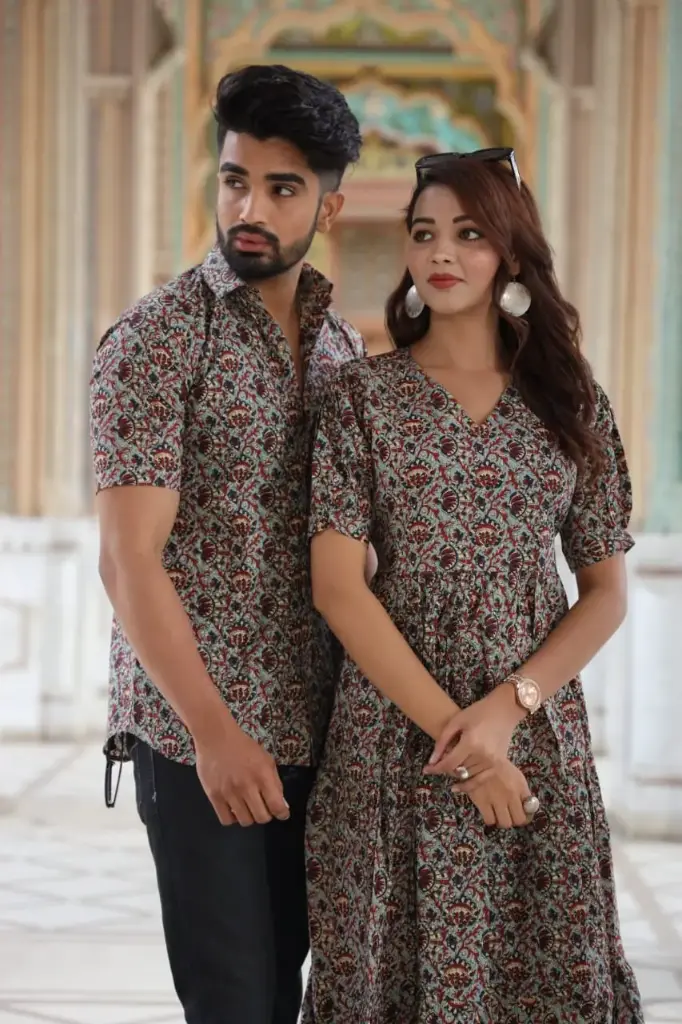 Traditional Bagru Hand Block Printed Cotton Long Dress | Front Open One Piece with Wooden Buttons