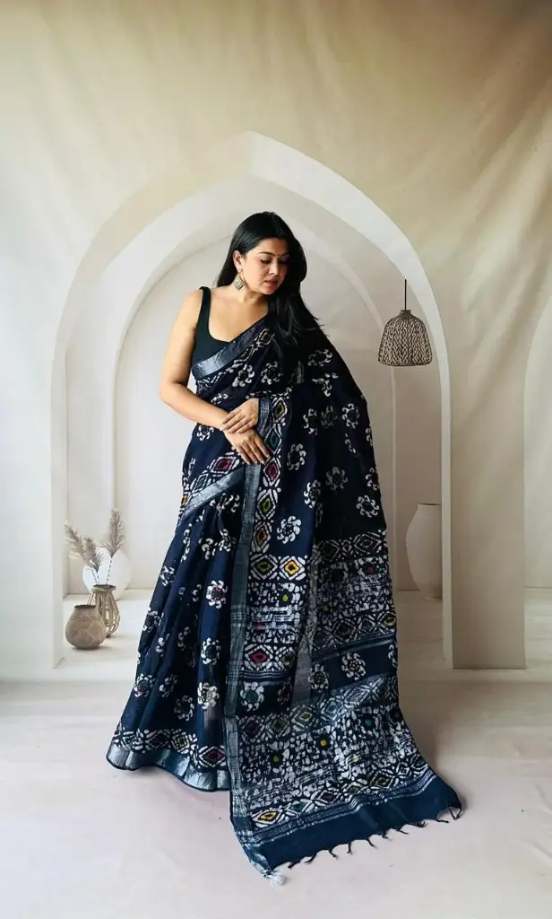 Hand Block Printed Pure Linen Saree with Cotton Blouse Piece | Elegant Ethnic Wear