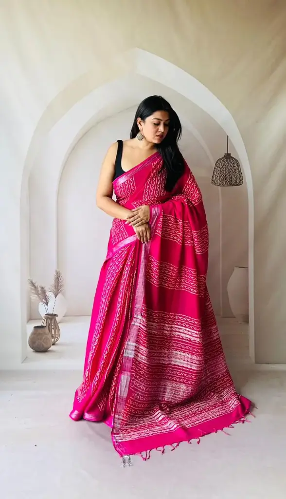 Hand Block Printed Pure Linen Saree with Cotton Blouse Piece | Elegant Ethnic Wear
