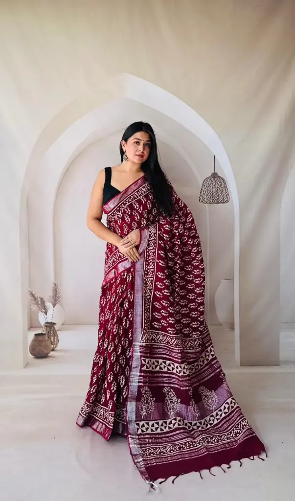 Hand Block Printed Pure Linen Saree with Cotton Blouse Piece | Elegant Ethnic Wear