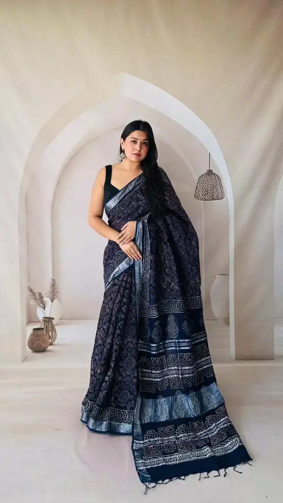 Hand Block Printed Pure Linen Saree with Cotton Blouse Piece | Elegant Ethnic Wear