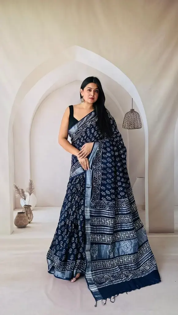Hand Block Printed Pure Linen Saree with Cotton Blouse Piece | Elegant Ethnic Wear