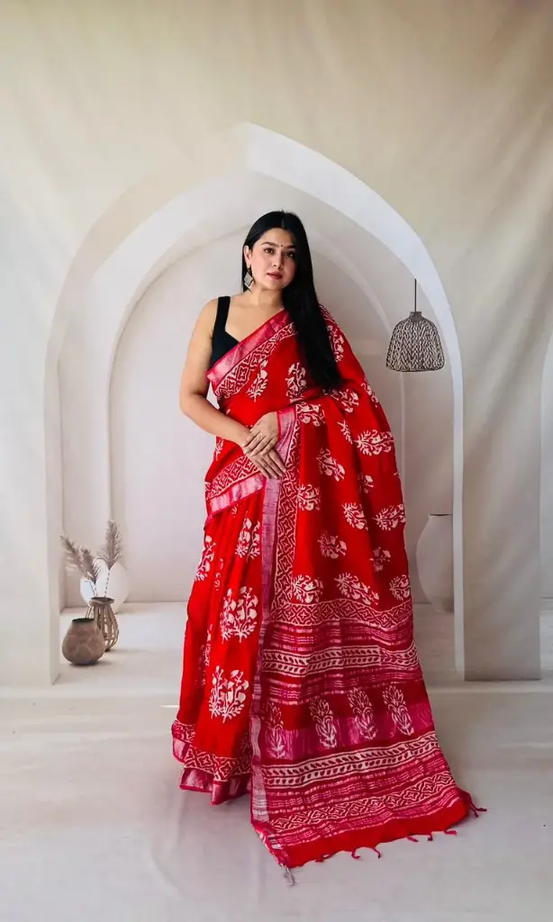 Hand Block Printed Pure Linen Saree with Cotton Blouse Piece | Elegant Ethnic Wear