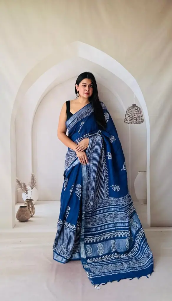 Hand Block Printed Pure Linen Saree with Cotton Blouse Piece | Elegant Ethnic Wear