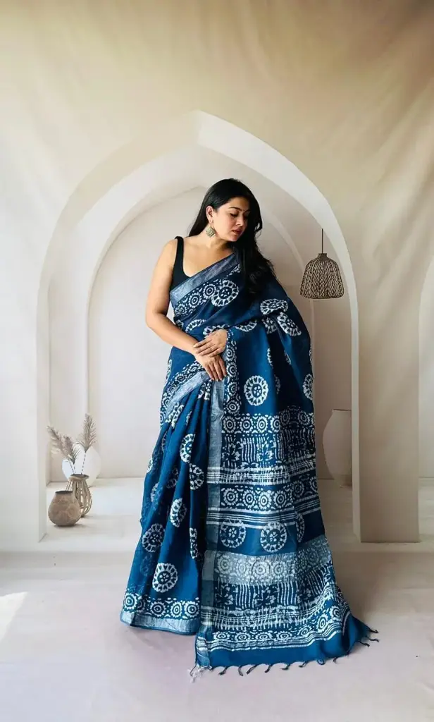 Hand Block Printed Pure Linen Saree with Cotton Blouse Piece | Elegant Ethnic Wear