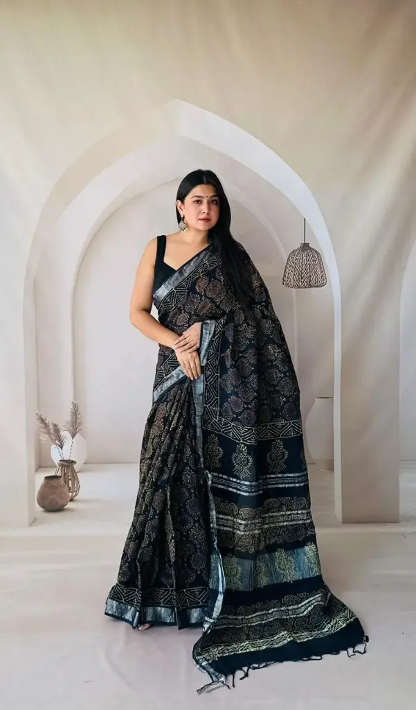 Hand Block Printed Pure Linen Saree with Cotton Blouse Piece | Elegant Ethnic Wear