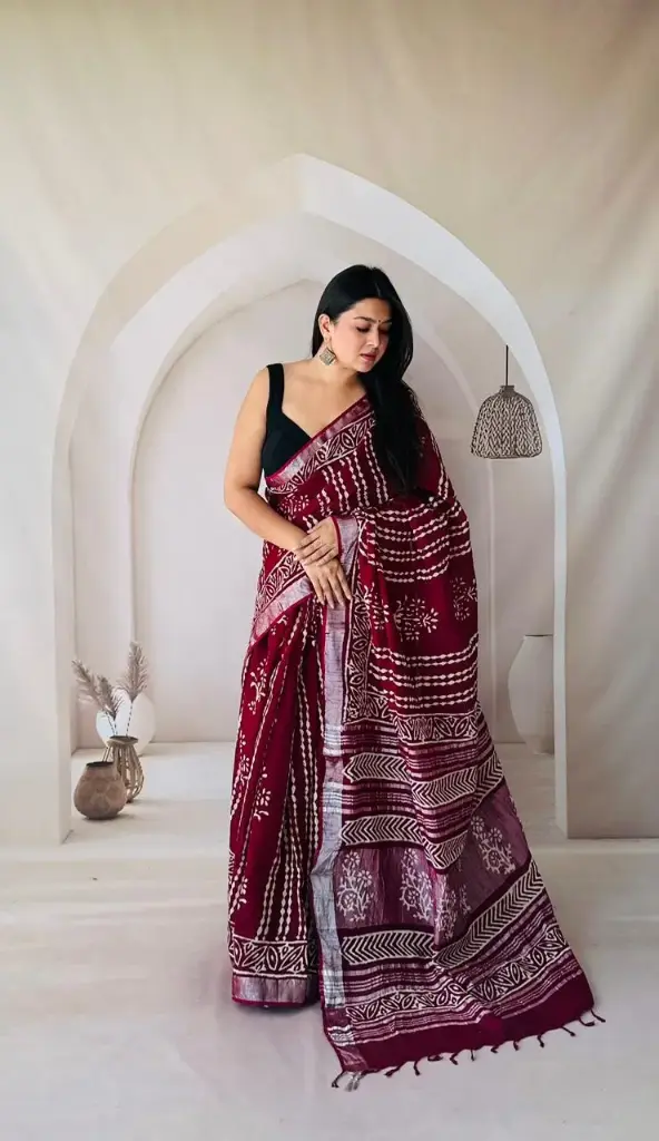 Hand Block Printed Pure Linen Saree with Cotton Blouse Piece | Elegant Ethnic Wear